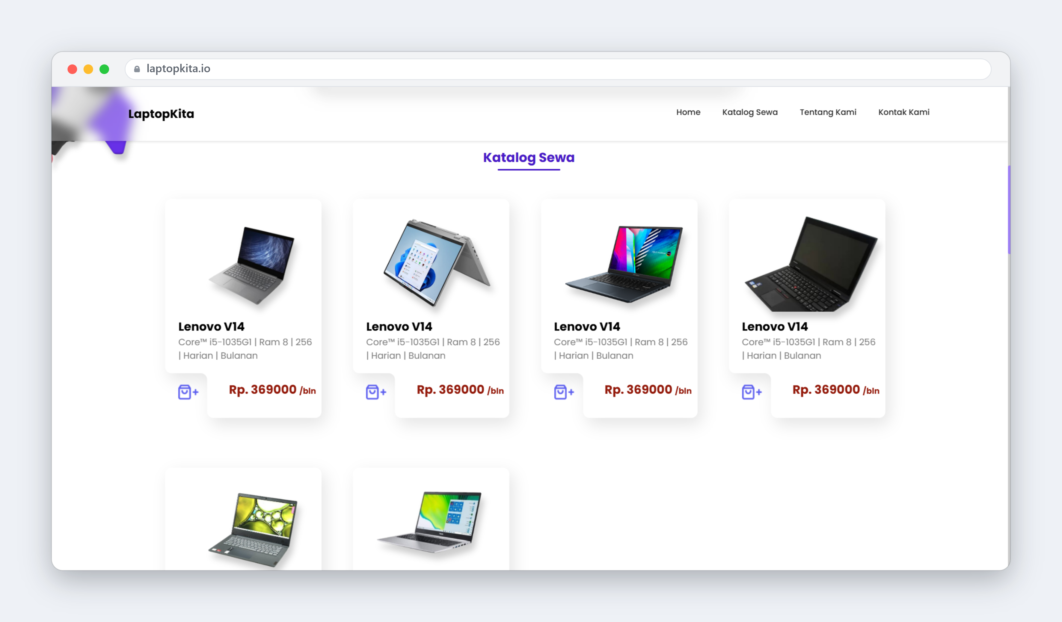 Screenshot katalog sewa LaptopKita