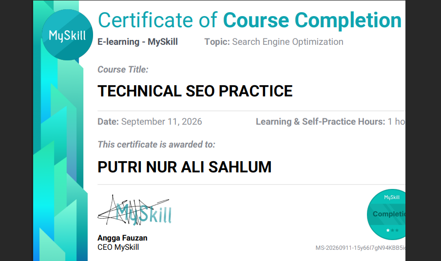 Preview sertifikat Technical SEO Practice